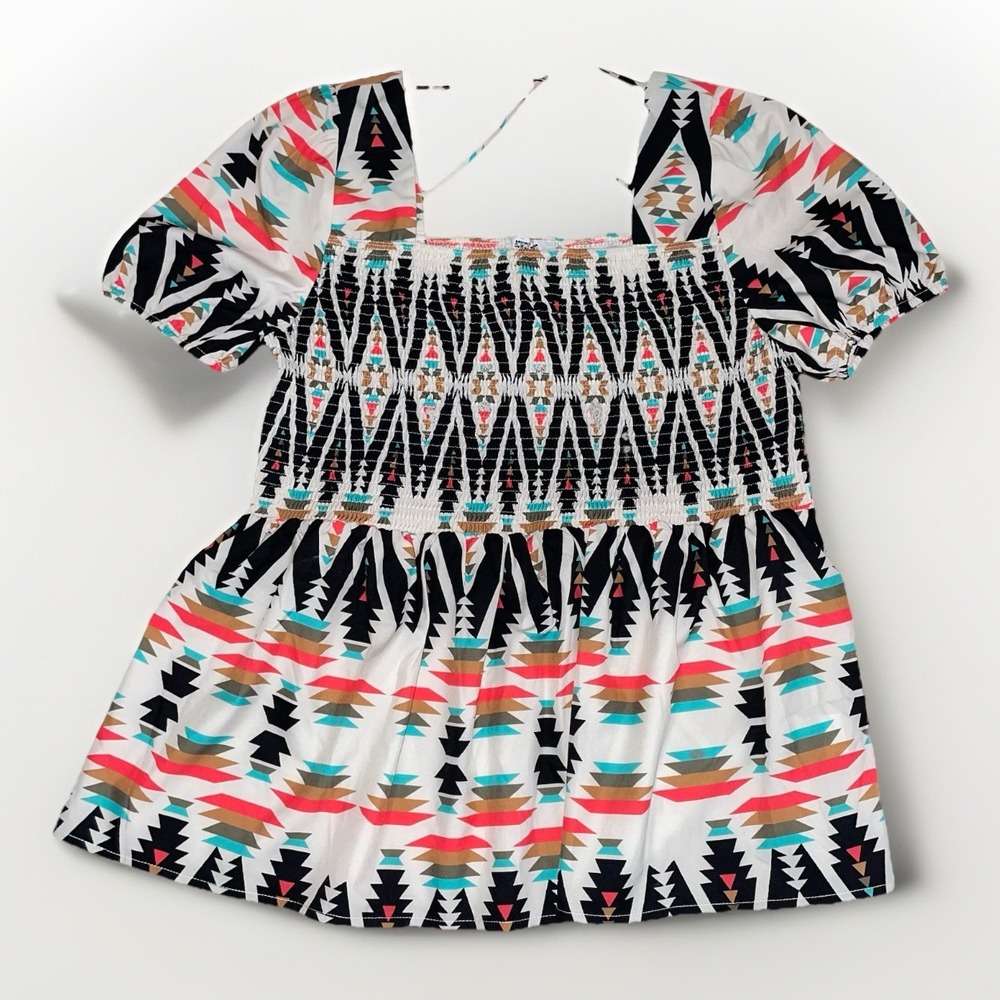 NWOT Rowdy Crowd Clothing Smocked Bodice Puff Sleeve Aztec/Southwest Top Size XL - Picture 2 of 8